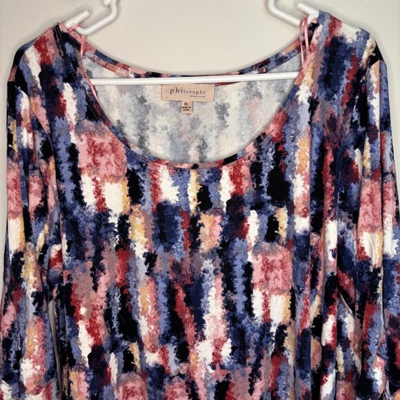 PHILOSOPHY Asymmetrical Tunic Womens XL Abstract Blue Pink 3/4 Rouched Sleeve - Picture 4 of 5